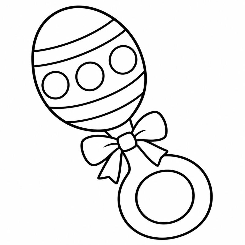 Desenho para colorir de chocalho oval com três bolinhas, faixas, laço e alça circular