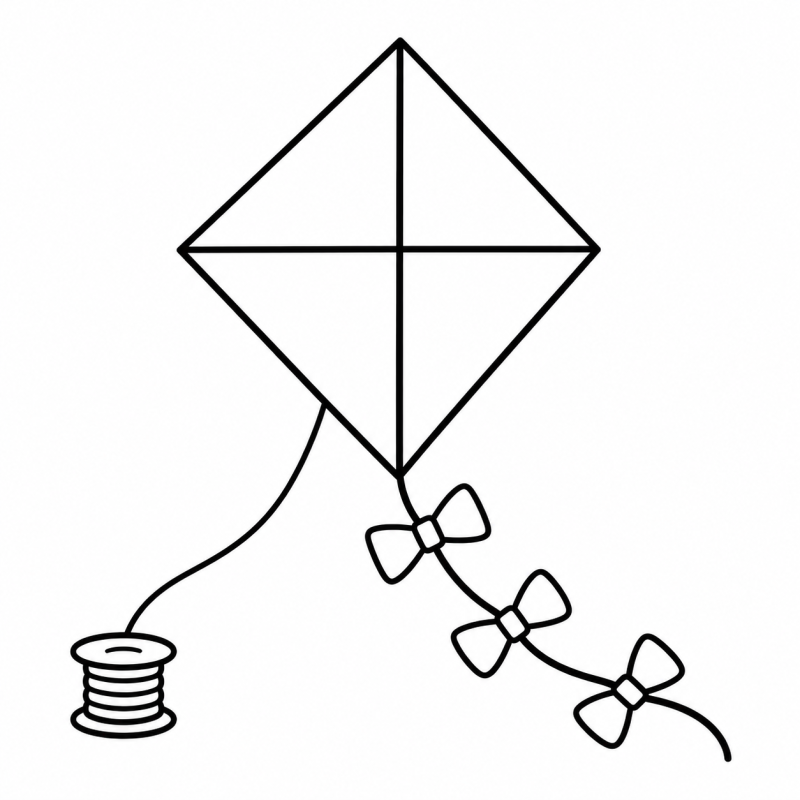 Desenho para colorir de pipa em quatro partes com rabiola de três laços e carretel de linha