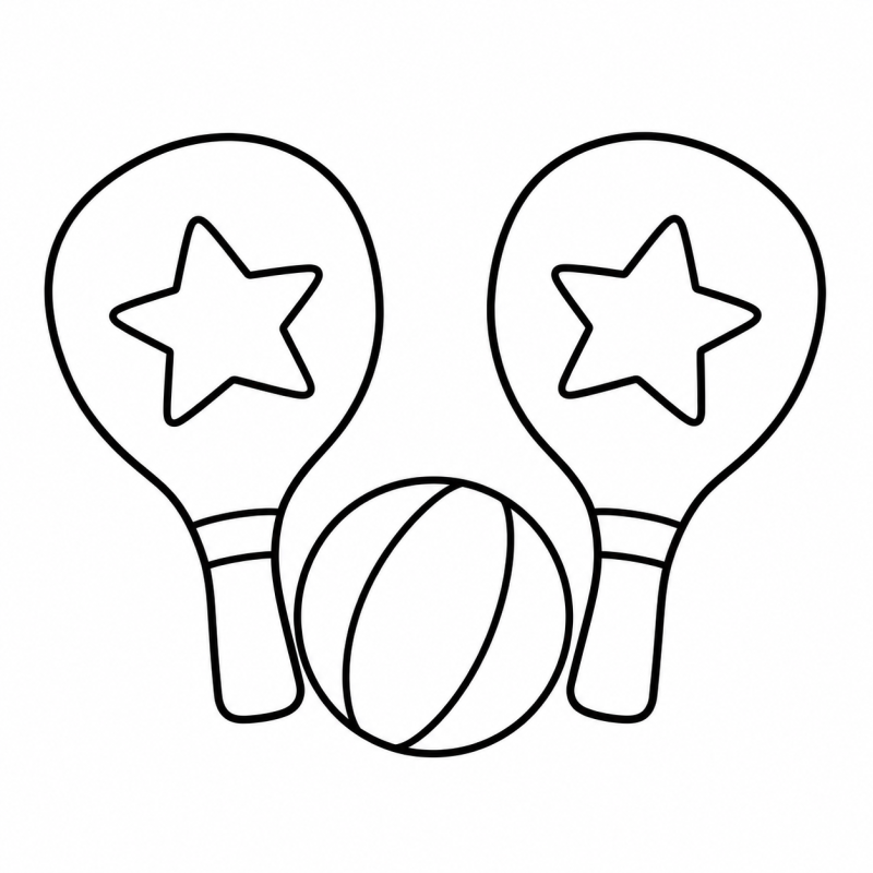 Desenho para colorir de duas raquetes de praia com estrelas e uma bola entre os cabos