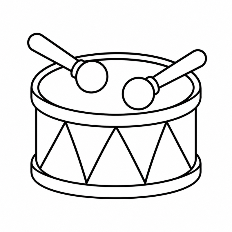 Desenho para colorir de tambor de brinquedo com triângulos na lateral e duas baquetas redondas