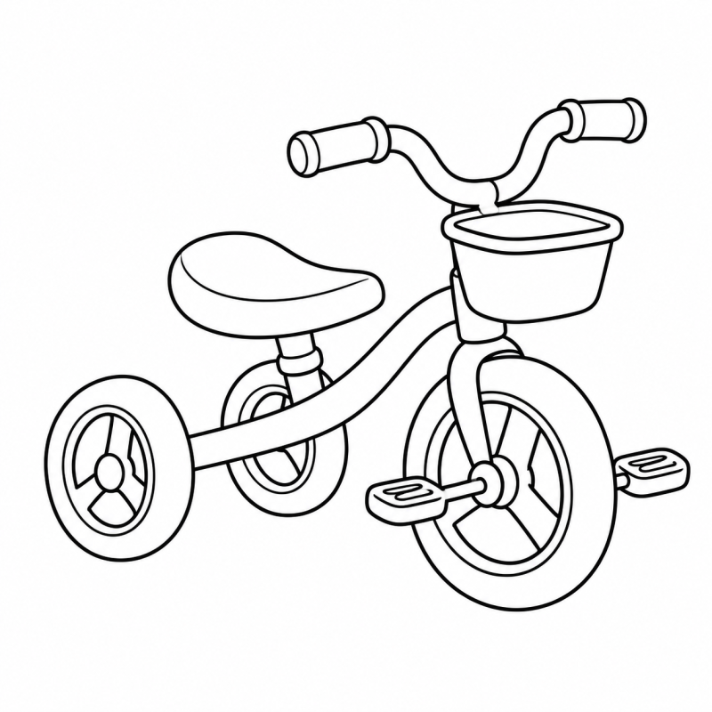 Desenho para colorir de triciclo com três rodas, pedais, banco arredondado e cesta dianteira