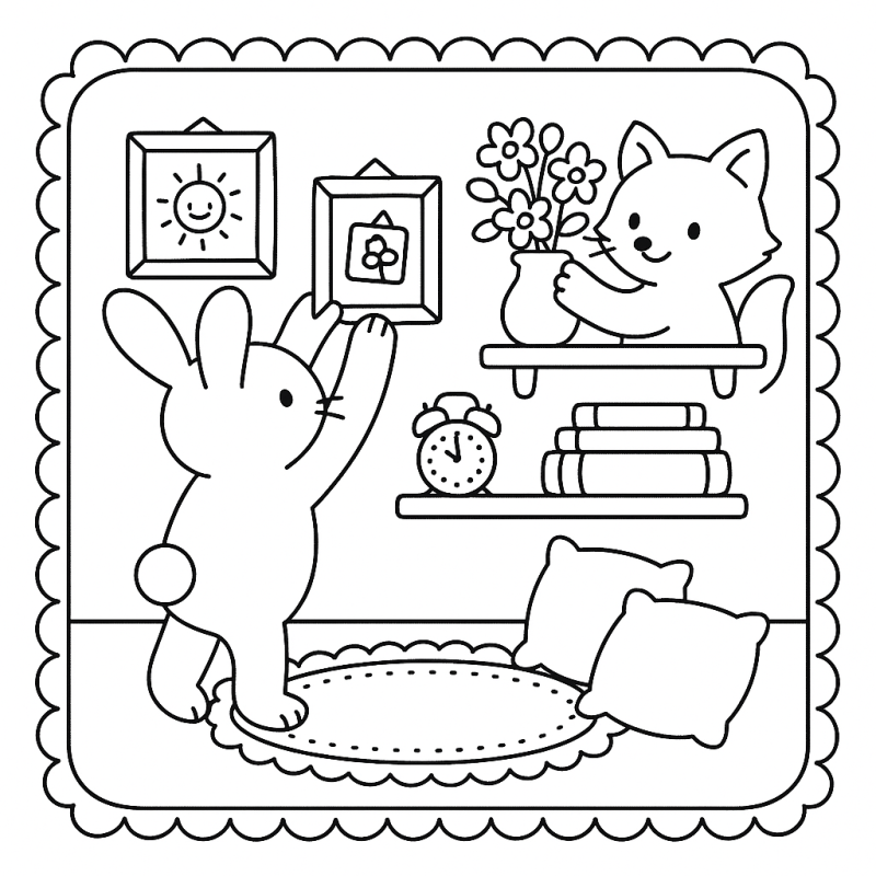 Desenho de um coelhinho e gatinho decorando em estilo boobie goods para colorir e se divertir