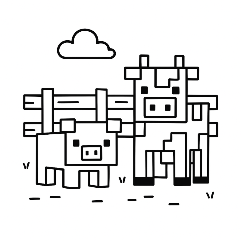 Desenho de porco e vaca em estilo pixel de Minecraft para colorir