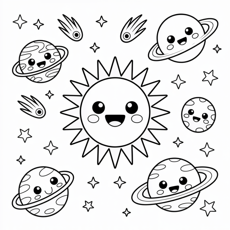 Desenho de Sol e Planetas Felizes no Espaço