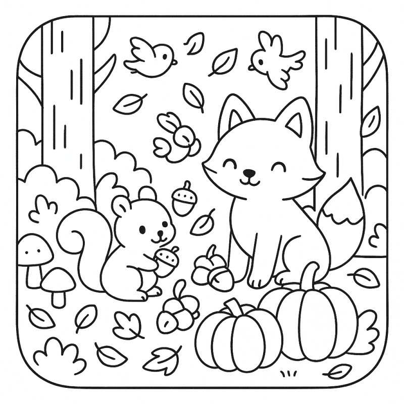 Raposa e Esquilo na Floresta – Desenho para Colorir Desenho de uma raposa sorridente e um esquilo com bolotas na floresta para colorir.