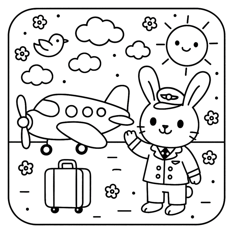 Coelhinho piloto vestindo uniforme completo ao lado de um avião em um campo, cena ideal para colorir.