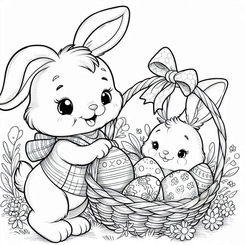Coelhinhos felizes com cesta de ovos para colorir na Páscoa