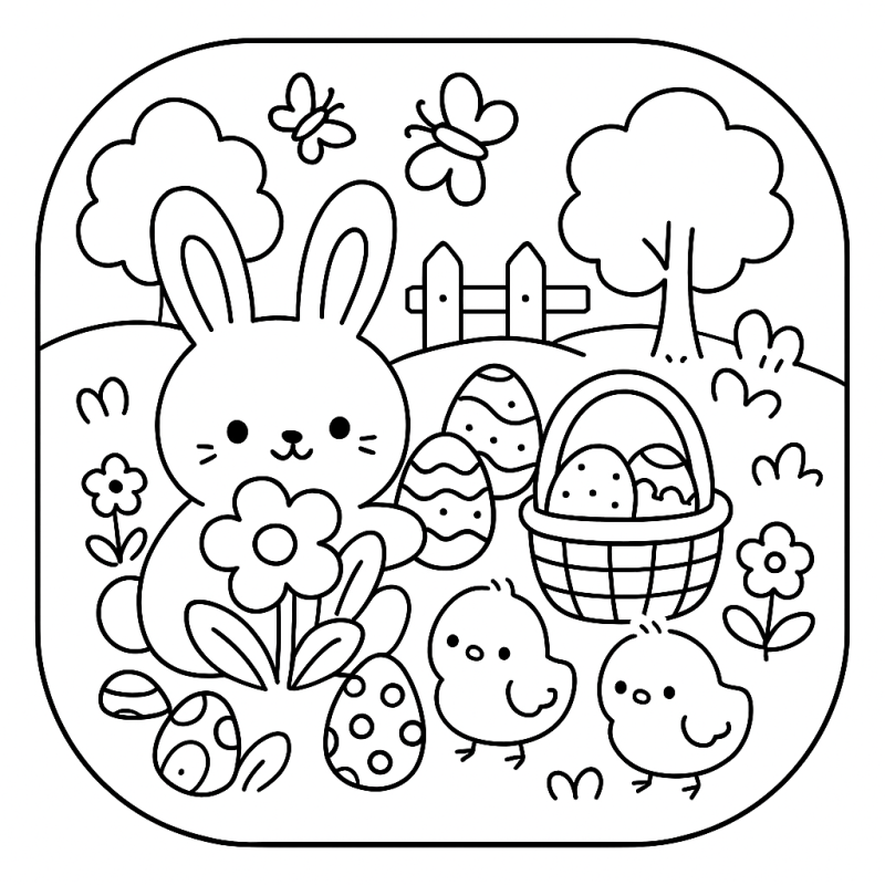 Cenário campestre para colorir com coelho, pintinhos e borboletas