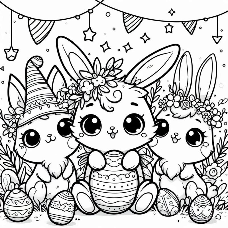 Desenho de três coelhinhos felizes celebrando a Páscoa para colorir