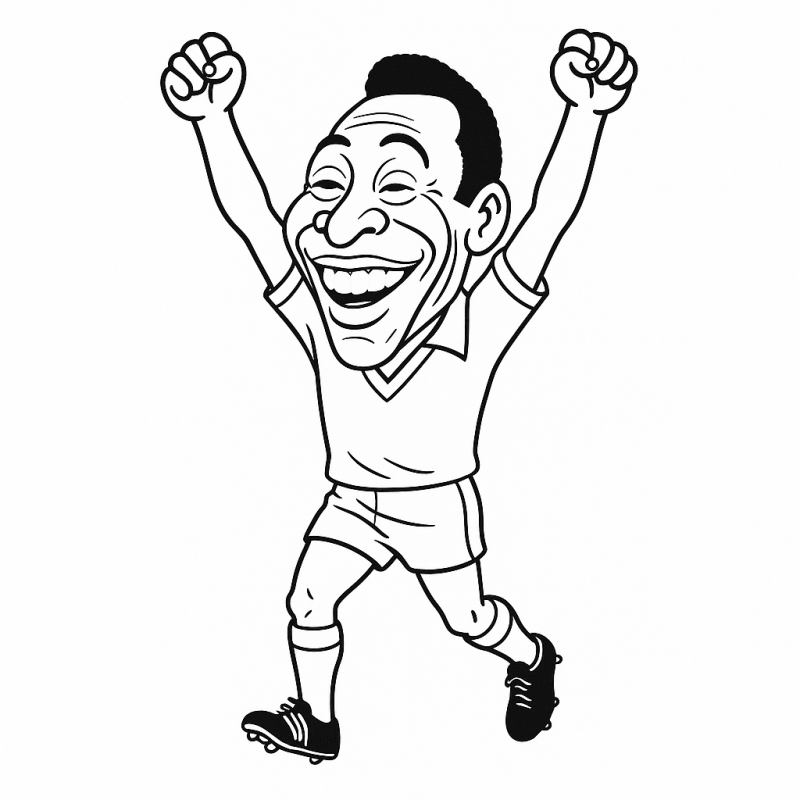 Desenho de Pelé em estilo caricatura celebrando uma vitória