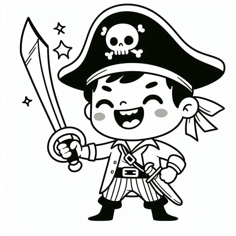 Desenho de pirata alegre com chapéu e espada para colorir