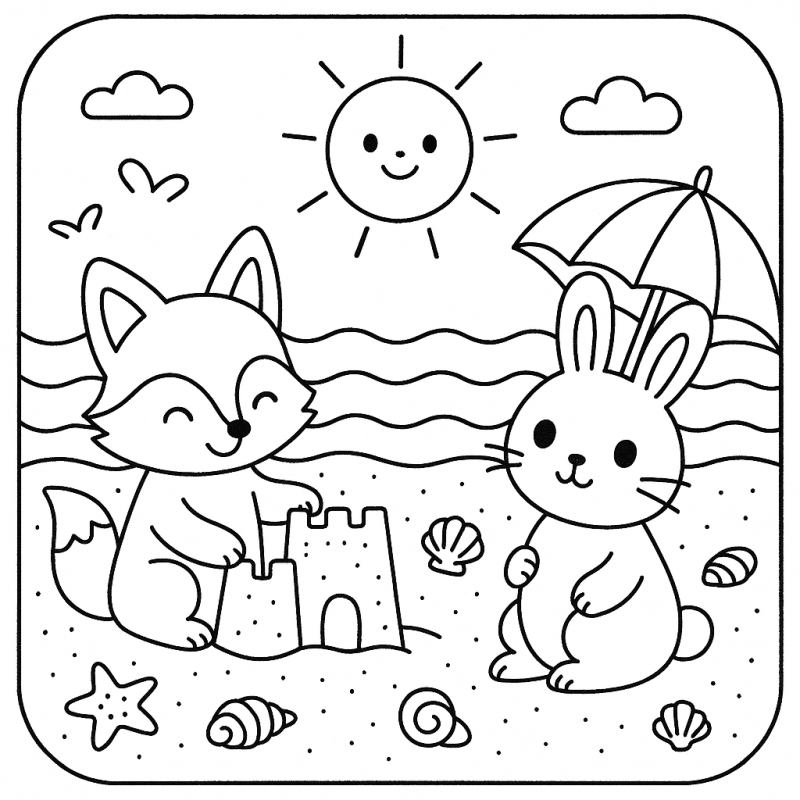Raposa e Coelho Fofos na Praia - Desenho para Colorir