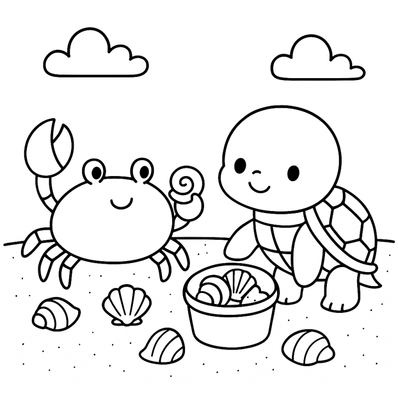 Desenho simplificado de concha para colorir com caranguejo e tartaruga em uma praia
