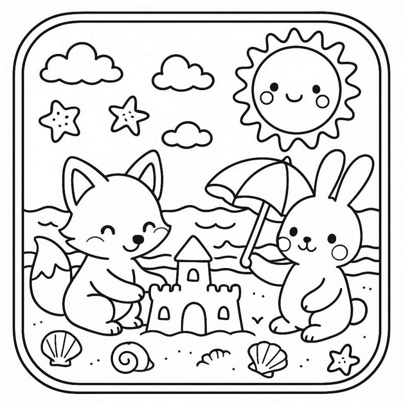 Desenho de raposa e coelho felizes na praia com guarda-sol para colorir
