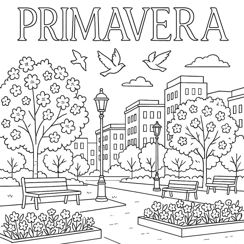 Cenário Urbano na Primavera: Desenho para Colorir