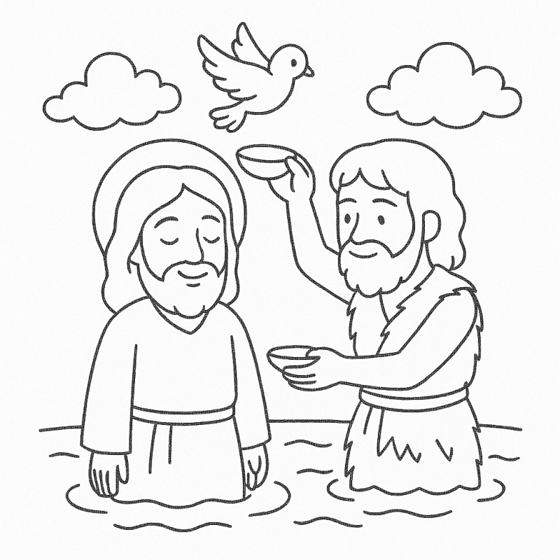 Desenho para colorir de Jesus sendo batizado por João Batista no Rio Jordão com pomba simbolizando paz
