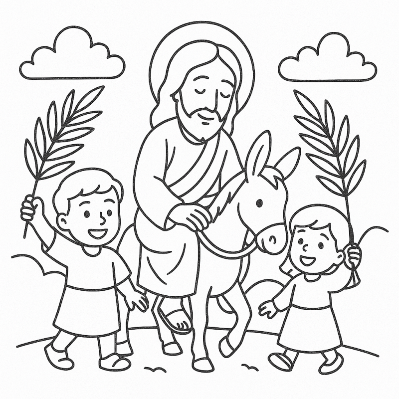 Desenho de Jesus montado em jumento com crianças segurando ramos de palmeira