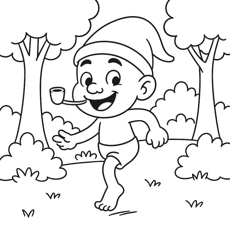 Desenho do Saci Pererê no meio da floresta para colorir, cheio de vida e alegria.