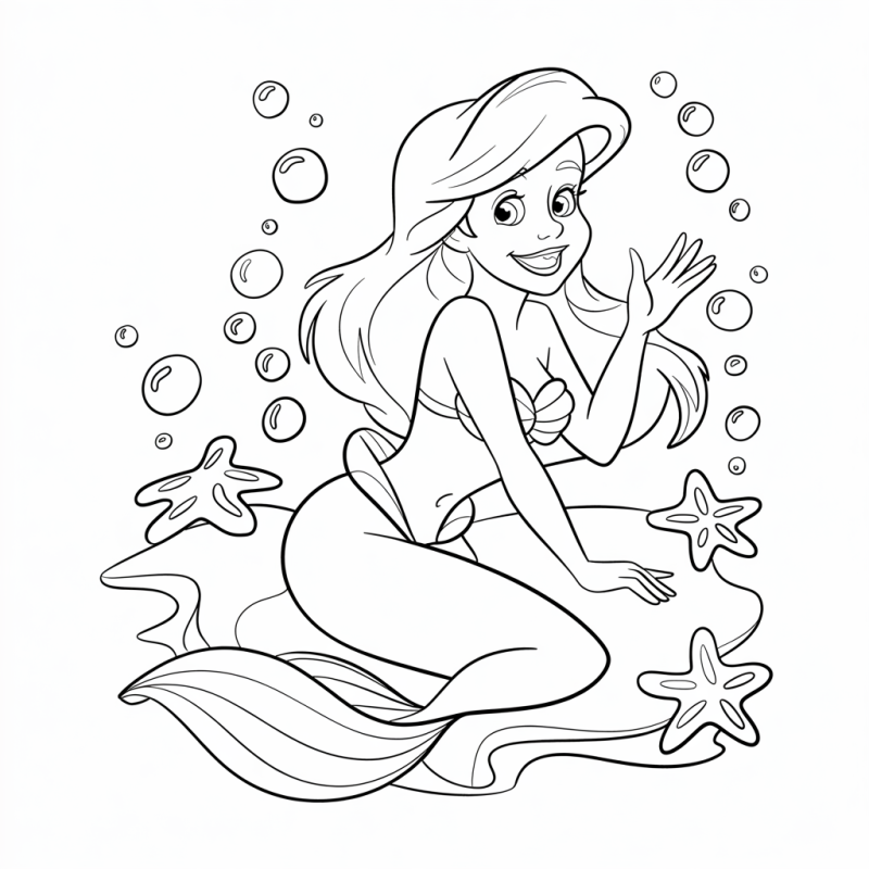 Desenho de sereia animada sentada em uma rocha subaquática com um sorriso amigável.