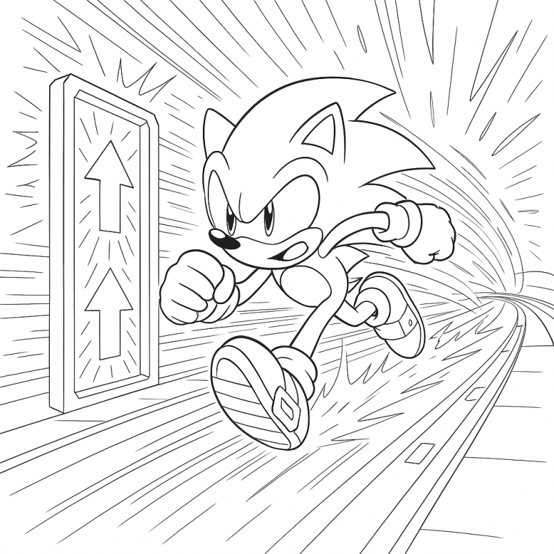 Desenho do Sonic correndo rapidamente em um caminho estilizado para colorir