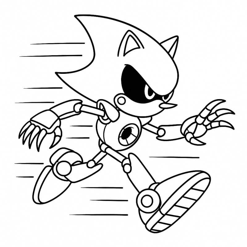 Desenho de Metal Sonic correndo, robótico e estilizado, para colorir.