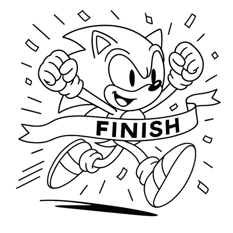 Sonic cruzando linha de chegada em momento de vitória