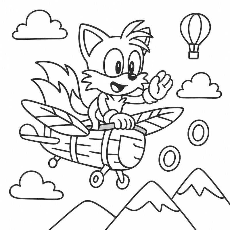 Desenho de Tails voando em um avião para colorir, aventura no estilo Sonic