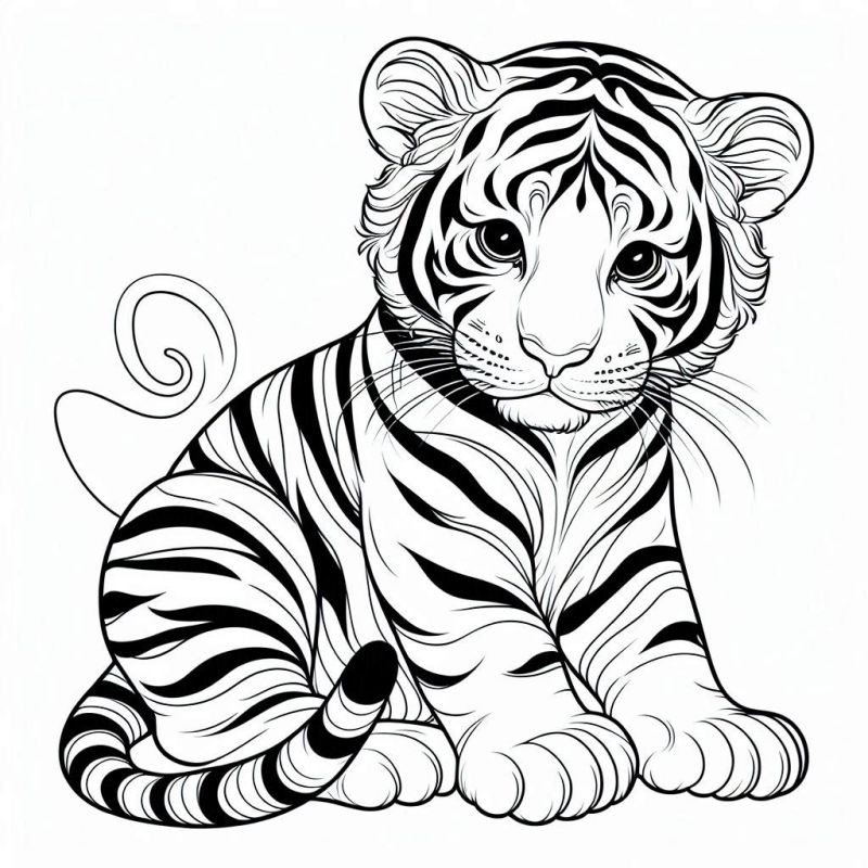 Desenho de filhote de tigre para colorir, sentado e com detalhes bem definidos.