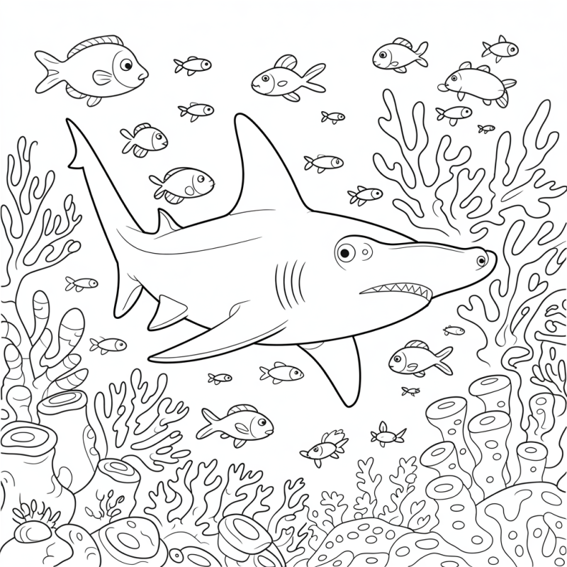 desenho de cena submarina vibrante com tubarão-martelo