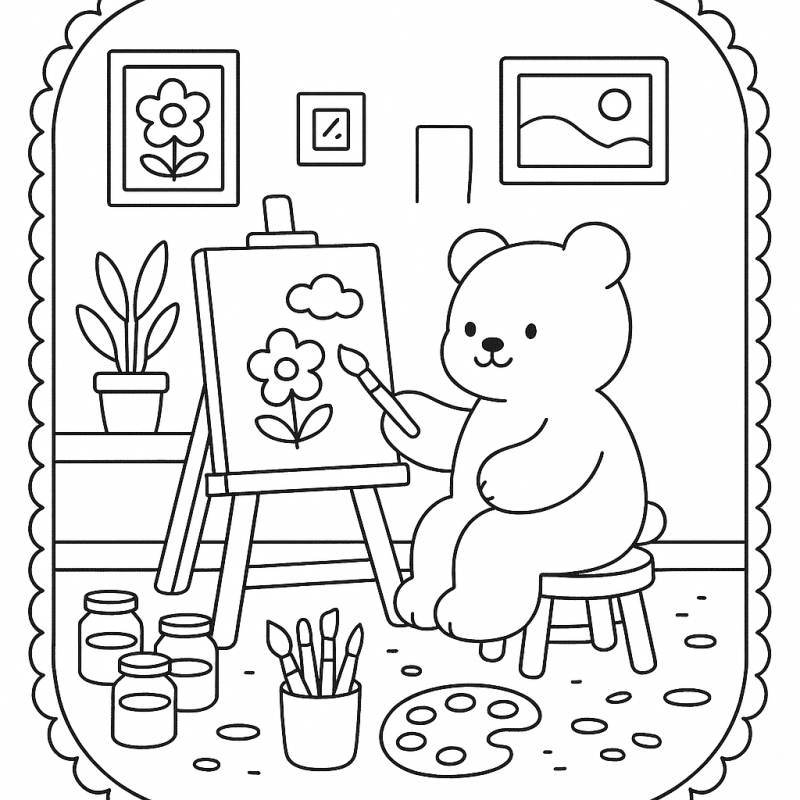 Urso pintando flor em cavalete - Desenho Boobie Goods