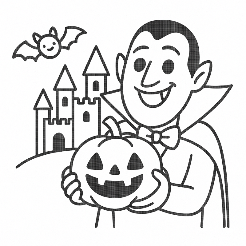 Desenho de Vampiro com Abóbora para Colorir Vampiro sorridente com abóbora e castelo ao fundo para colorir