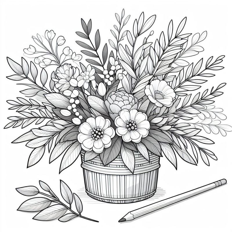 Desenho detalhado de flores realistas em um vaso para colorir