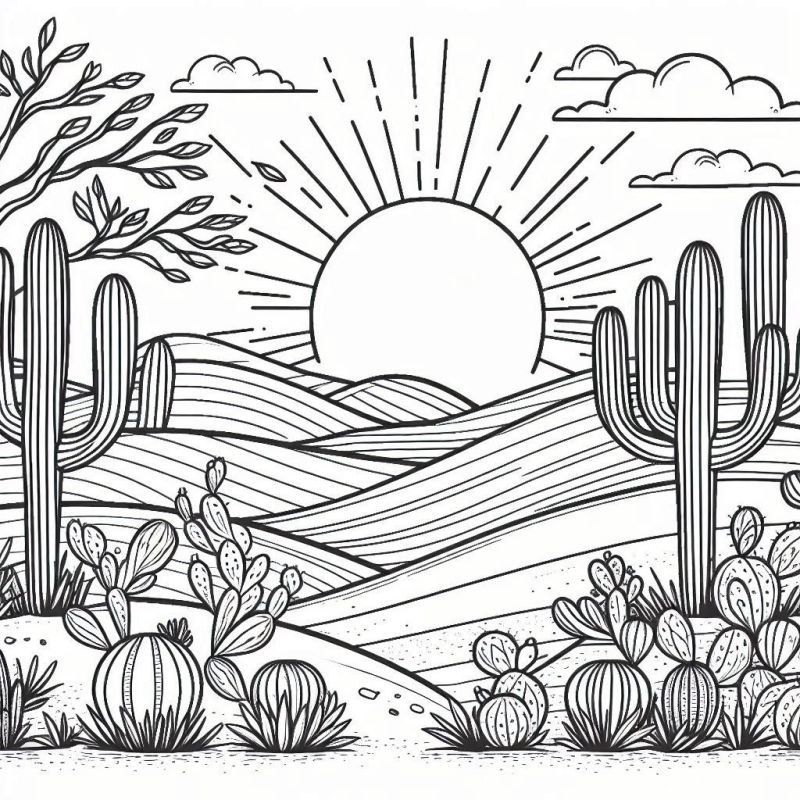 Desenho de uma paisagem desértica com cactos, montanhas e sol para colorir