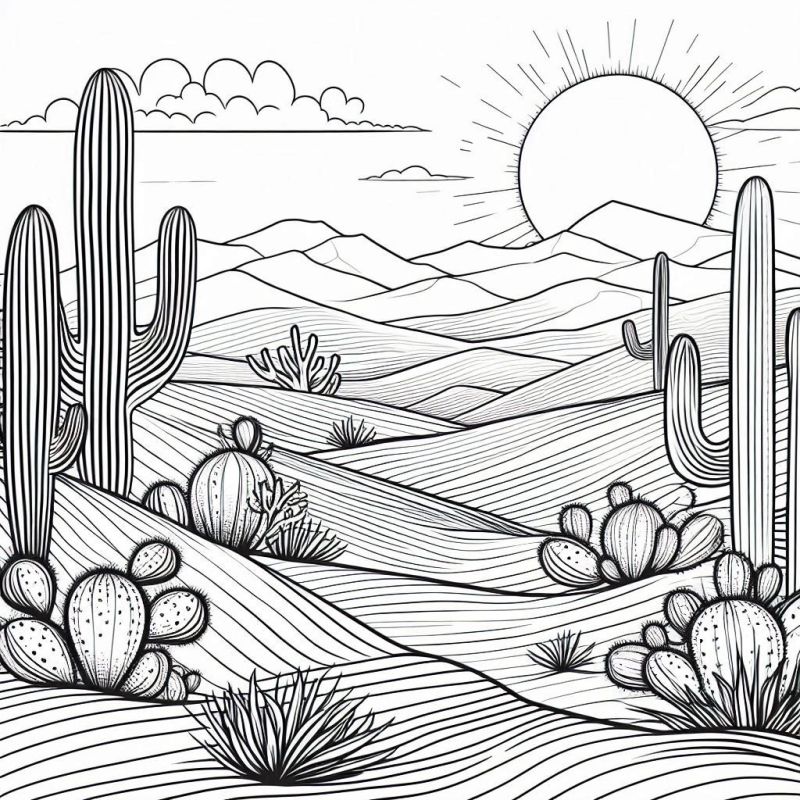 Desenho de paisagem de deserto com cactos para colorir