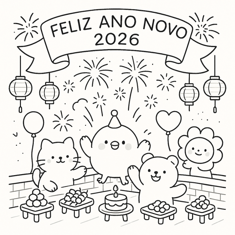 Cena festiva de ano novo com personagens para colorir 2026