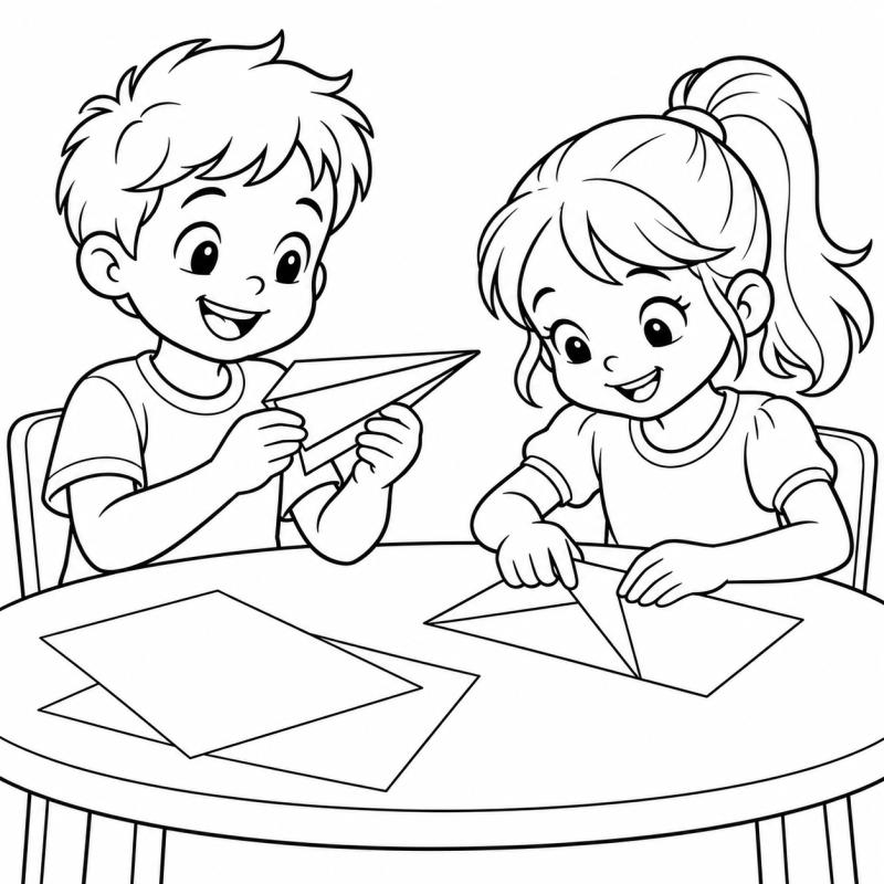 Duas crianças à mesa dobrando folhas e segurando avião de papel