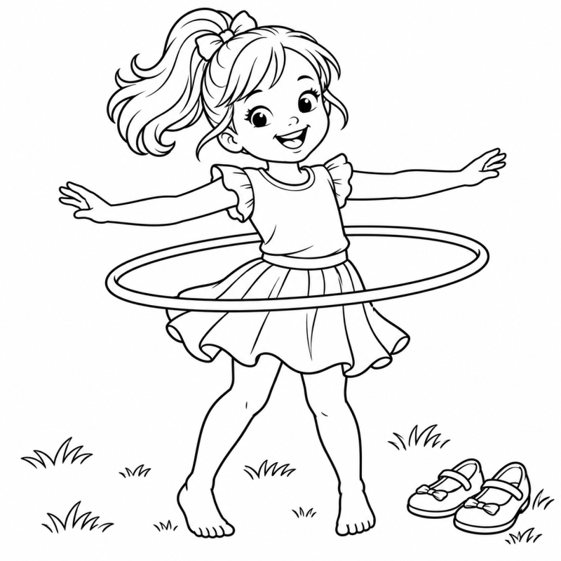 Menina girando bambolê na cintura com braços abertos