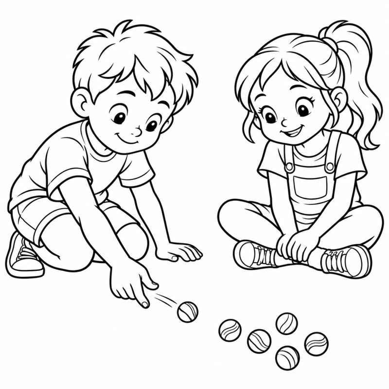 Menino lançando bolinha de gude diante de menina sentada