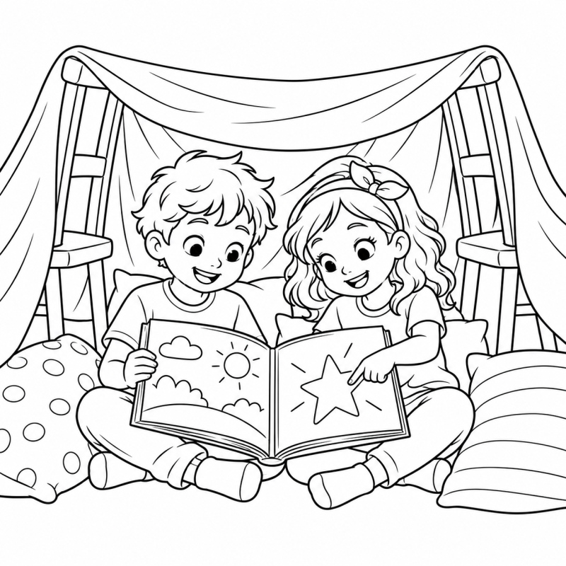 Duas crianças lendo livro ilustrado dentro de cabana de lençol