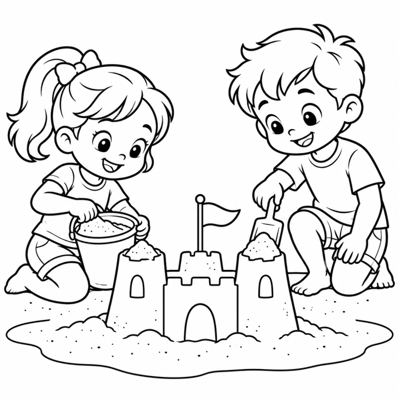 Duas crianças com balde e pá construindo castelo de areia