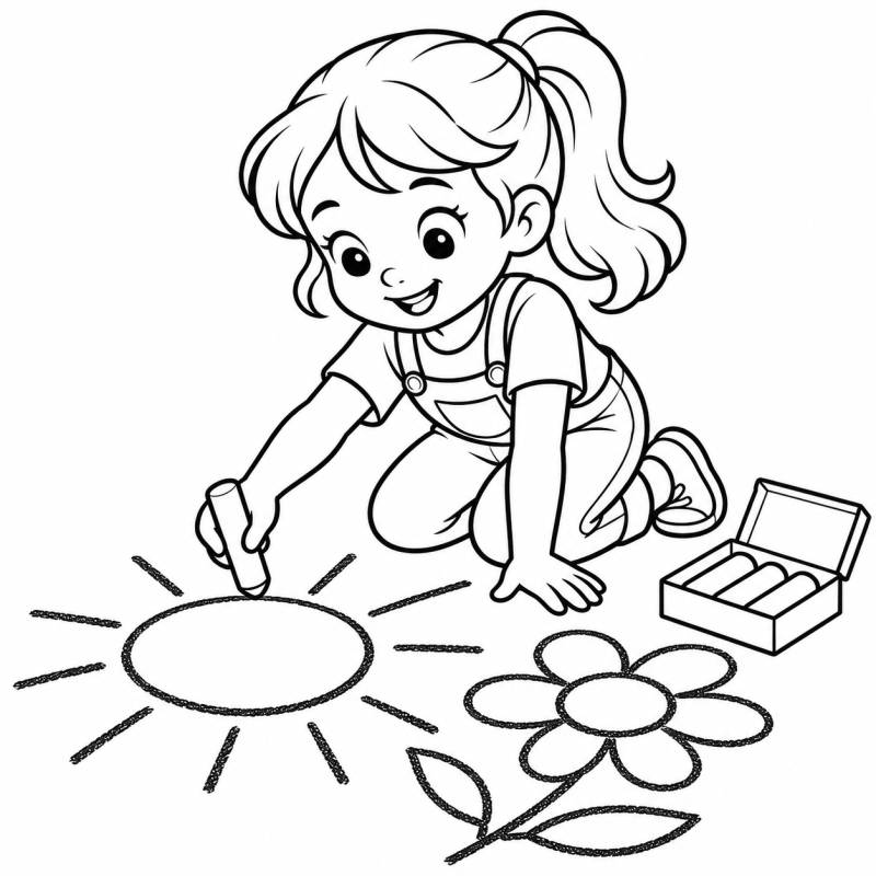 Menina ajoelhada desenhando sol e flor no chão com giz