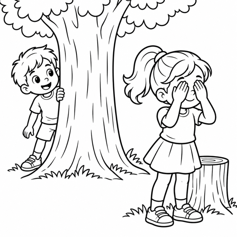 Menino espiando atrás de árvore e menina cobrindo os olhos