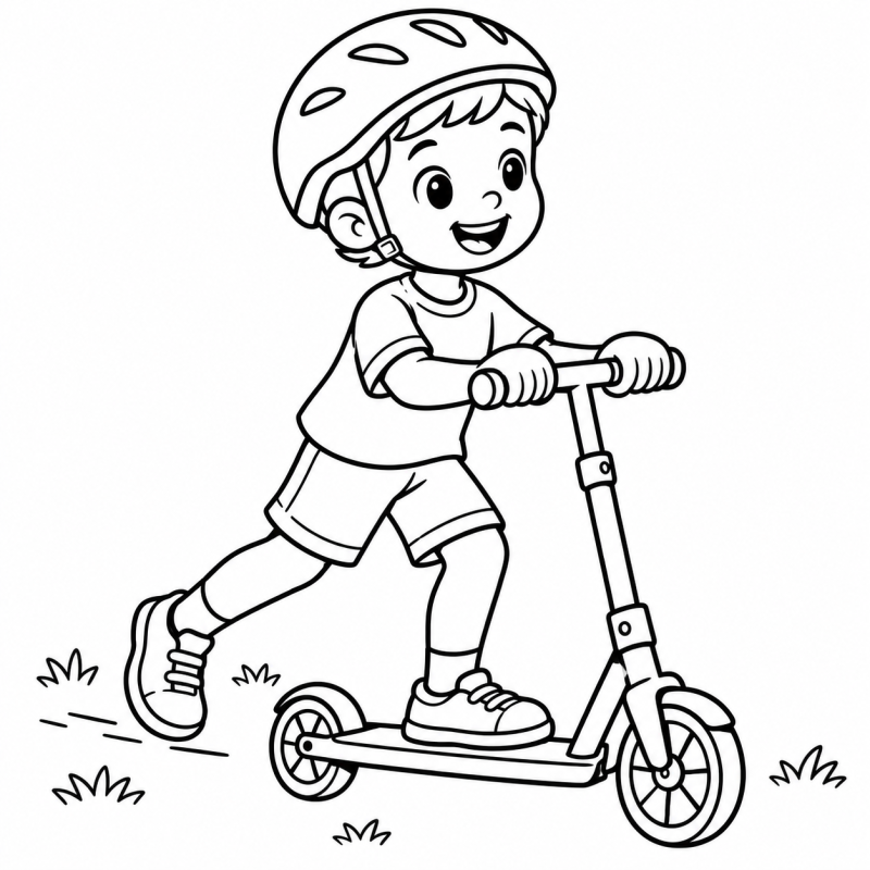 Menino de capacete impulsionando patinete de duas rodas