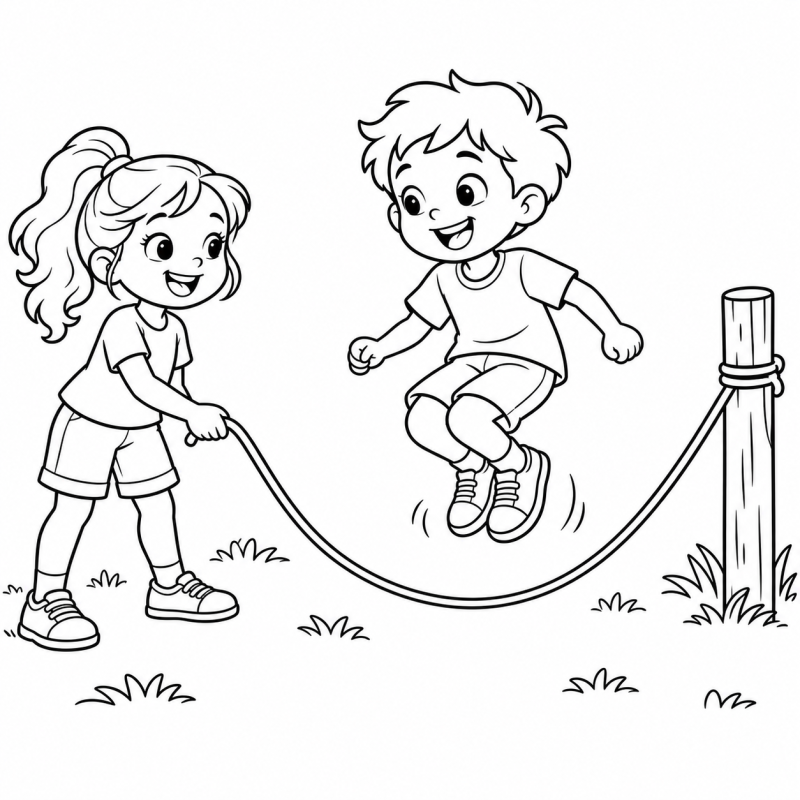 Menino pulando corda enquanto menina segura uma ponta no parque