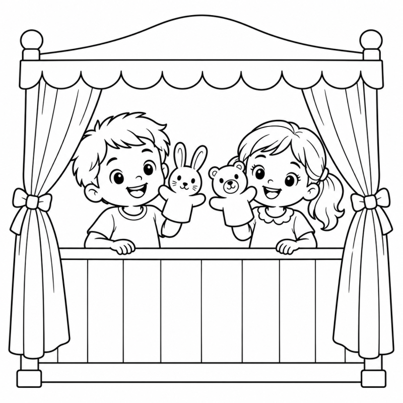 Duas crianças em palco de fantoches com bonecos de coelho e urso