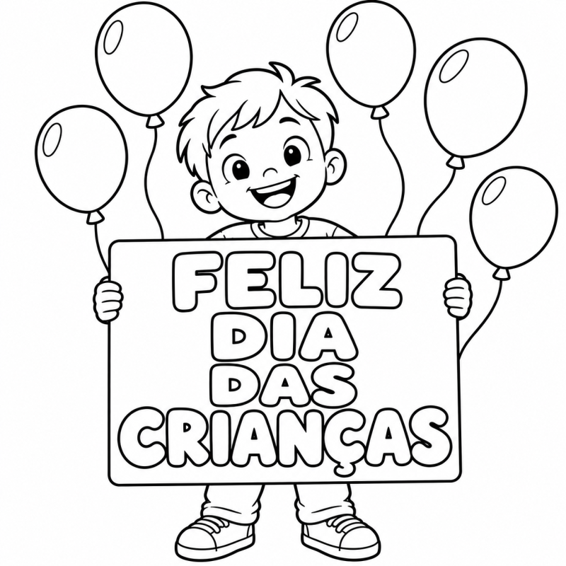 Criança com placa Feliz Dia das Crianças e cinco balões