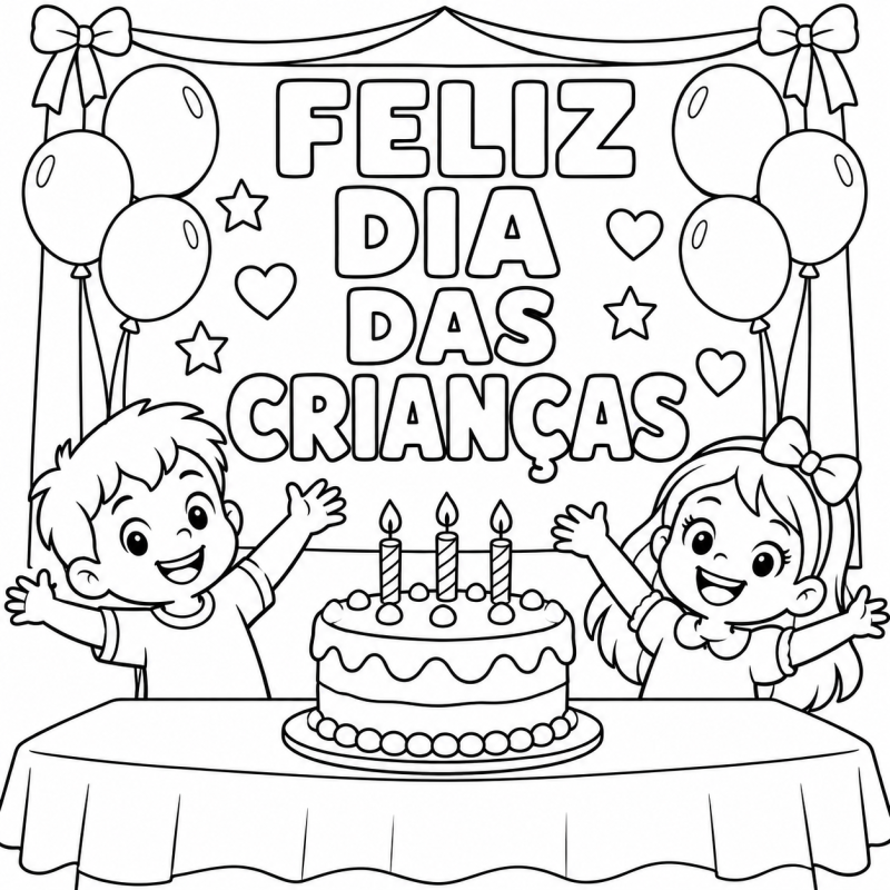 Duas crianças com bolo e painel Feliz Dia das Crianças