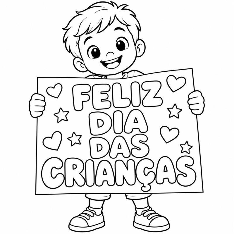 Menino mostrando cartaz Feliz Dia das Crianças com estrelas e corações
