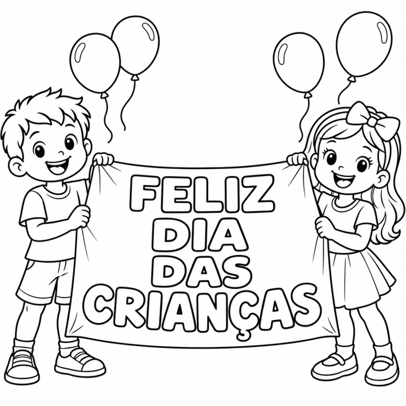 Duas crianças segurando faixa Feliz Dia das Crianças em letras vazadas