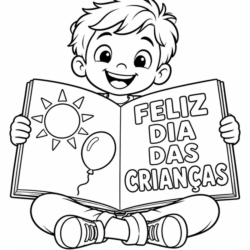 Criança mostrando livro aberto com frase Feliz Dia das Crianças